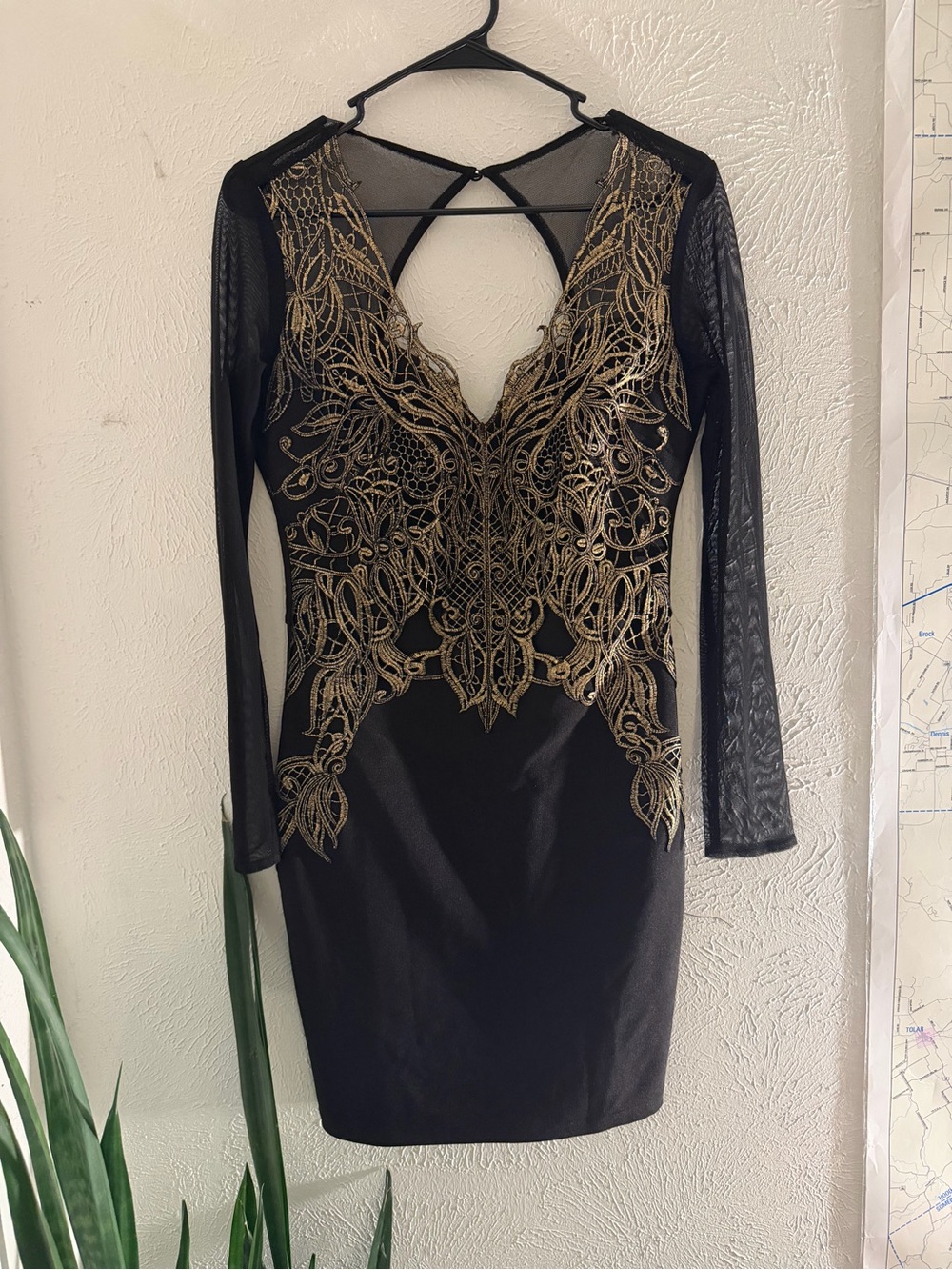 Lipsy Black Dress with Gold Embroidered Bodice and Sheer Long Sleeves